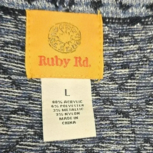 Ruby Rd Womens Large Leopard Fringe Blue Metallic Silver Thread Cardigan Sweater - Picture 2 of 6